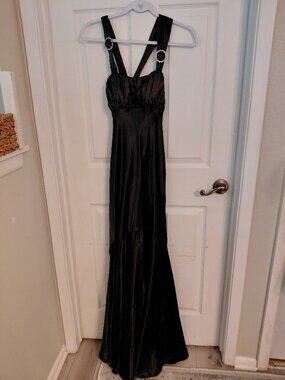 Vintage Cindy USA Black Satin Maxi Floral Dress Rhinestone Party XS Wedding